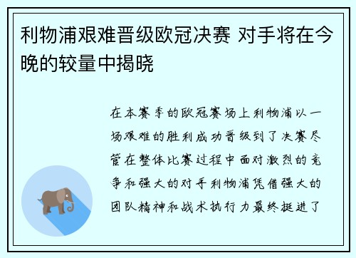 利物浦艰难晋级欧冠决赛 对手将在今晚的较量中揭晓