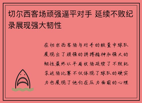 切尔西客场顽强逼平对手 延续不败纪录展现强大韧性