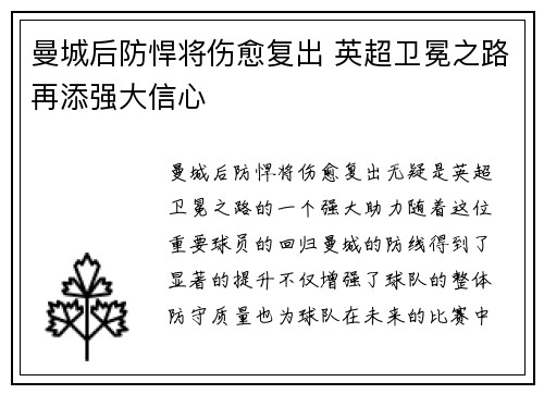 曼城后防悍将伤愈复出 英超卫冕之路再添强大信心