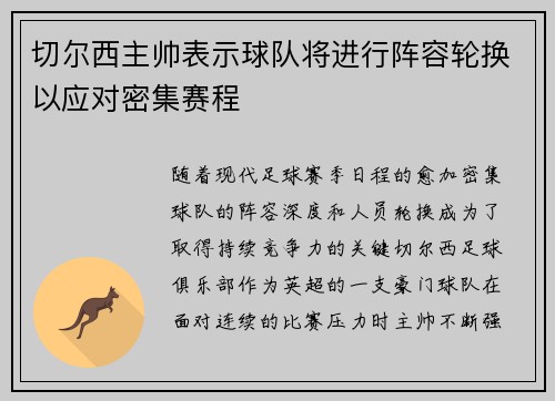 切尔西主帅表示球队将进行阵容轮换以应对密集赛程