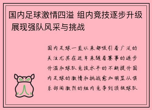 国内足球激情四溢 组内竞技逐步升级 展现强队风采与挑战