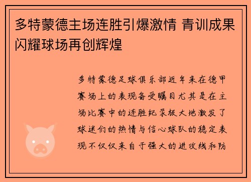 多特蒙德主场连胜引爆激情 青训成果闪耀球场再创辉煌