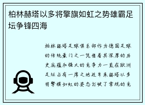 柏林赫塔以多将擎旗如虹之势雄霸足坛争锋四海