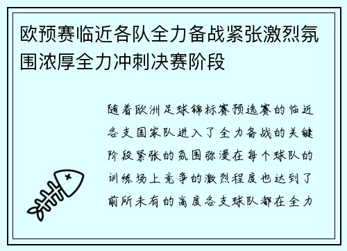 欧预赛临近各队全力备战紧张激烈氛围浓厚全力冲刺决赛阶段