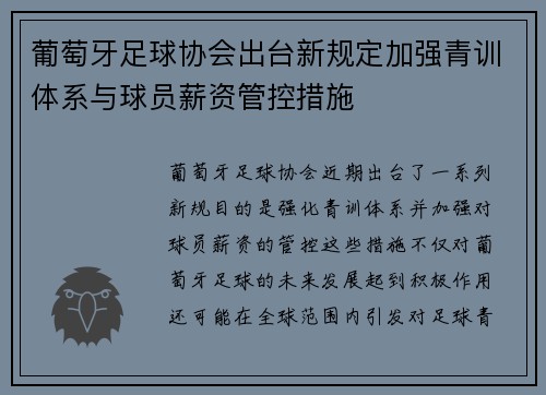 葡萄牙足球协会出台新规定加强青训体系与球员薪资管控措施