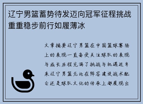 辽宁男篮蓄势待发迈向冠军征程挑战重重稳步前行如履薄冰