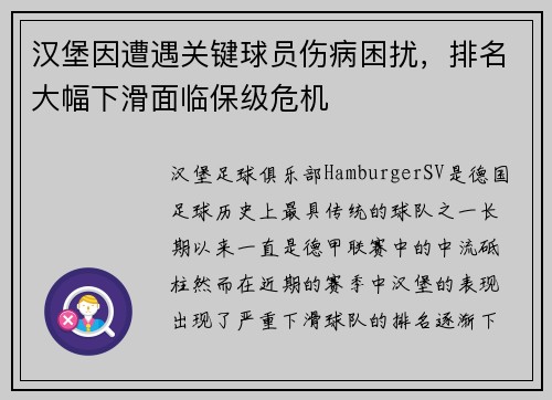 汉堡因遭遇关键球员伤病困扰，排名大幅下滑面临保级危机