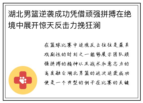 湖北男篮逆袭成功凭借顽强拼搏在绝境中展开惊天反击力挽狂澜